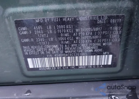 2012 Subaru Outback 2.5I z USA, uszkodzony, nr VIN 4S4BRBAC6C3201001